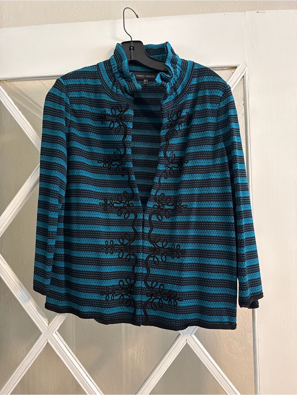 Ming Wang Teal and Black Striped Open-Front Jacket with Embroidery